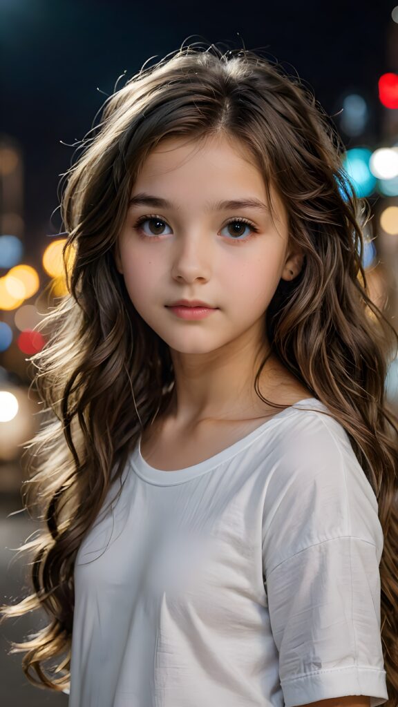 a (((small, young girl, 13 years old))), her hair in (((long, wavy locks))), with dark, striking eyes, exuding an air of innocence and cuteness, she wears a long, thin t-shirt, her features are sharply defined, with full lips and an ethereal beauty reflective of an angelic visage, against a dark backdrop in the night