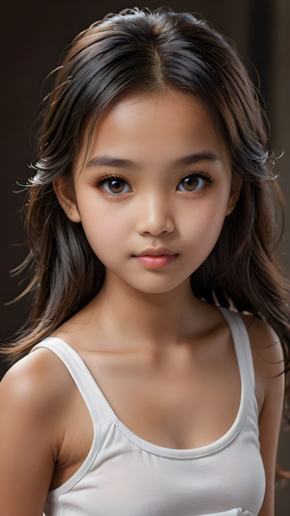 a (((small, young Indonesian girl, 13 years old))), with dark, striking eyes, exuding an air of innocence and cuteness, long hair, she wears a short white tank top, her features are sharply defined, with full lips