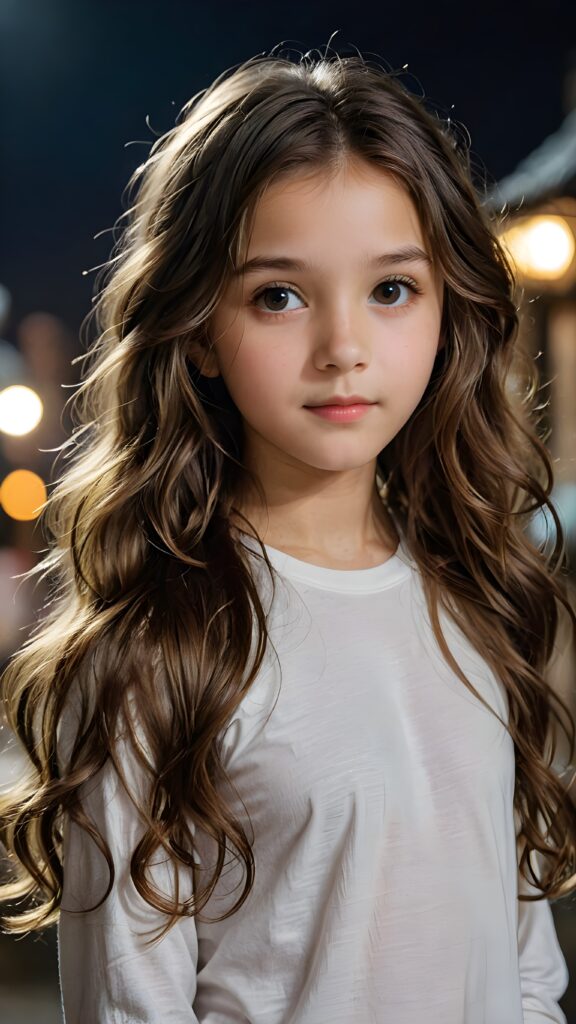 a (((small, young girl, 13 years old))), her hair in (((long, wavy locks))), with dark, striking eyes, exuding an air of innocence and cuteness, she wears a long, thin t-shirt, her features are sharply defined, with full lips and an ethereal beauty reflective of an angelic visage, against a dark backdrop in the night