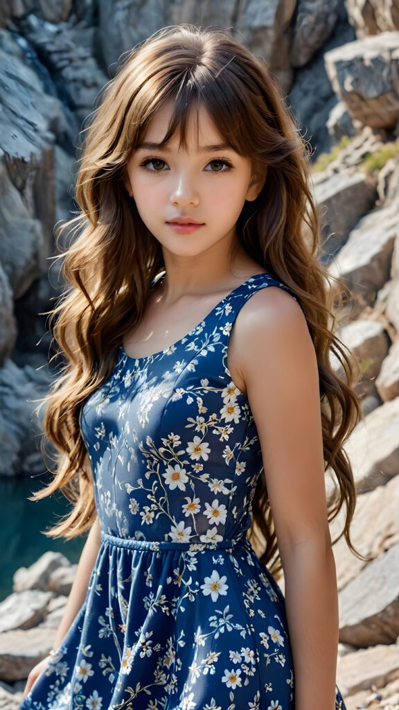 a (((small, young girl, 13 years old))), perfect body, her hair in (((long, wavy locks, bangs cut))), with dark, striking eyes, exuding an air of innocence and cuteness, she wears a blue floral sleeveless dress, her features are sharply defined, with full lips and an ethereal beauty reflective of an angelic visage. In the background, a (quarry) with its distinctive contours and stone walls provides a beautifully contrasting backdrop