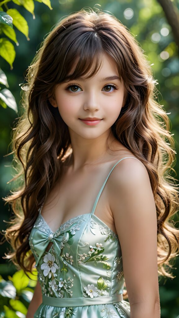 a (((small, young girl, 13 years old))), perfect body, her hair in (((long, wavy locks, bangs cut))), with dark, striking eyes, exuding an air of innocence and cuteness, smile, joy, she wears a thin floral spaghetti sleeveless dress, her features are sharply defined, with full lips and an ethereal beauty reflective of an angelic visage, against a green natural backdrop