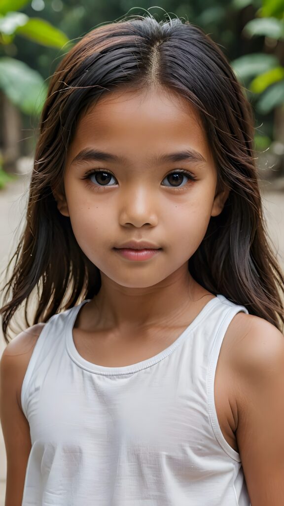 a (((small, young Indonesian girl, 13 years old))), with dark, striking eyes, exuding an air of innocence and cuteness, long hair, she wears a short white tank top, her features are sharply defined, with full lips