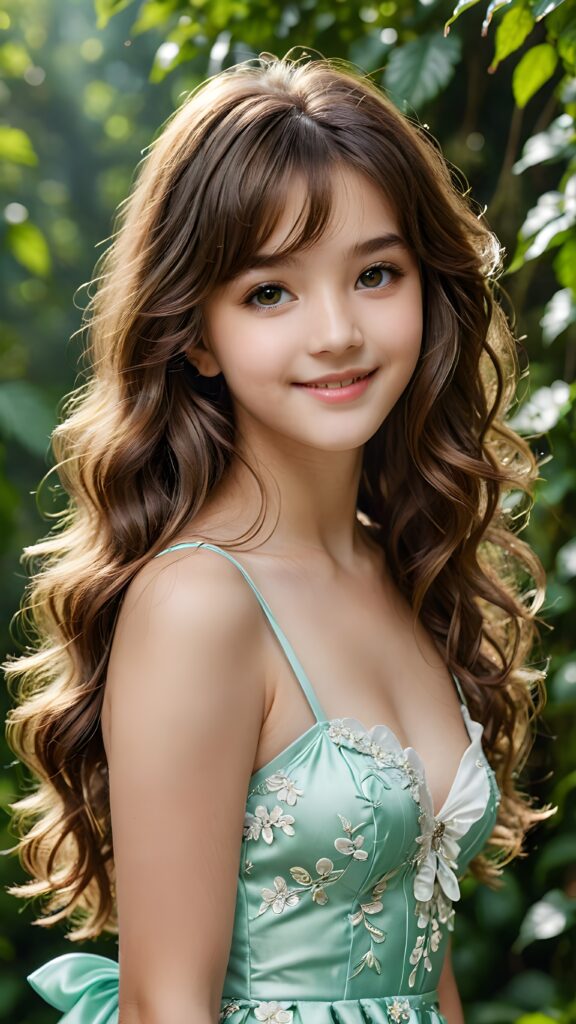 a (((small, young girl, 13 years old))), perfect body, her hair in (((long, wavy locks, bangs cut))), with dark, striking eyes, exuding an air of innocence and cuteness, smile, joy, she wears a thin floral spaghetti sleeveless dress, her features are sharply defined, with full lips and an ethereal beauty reflective of an angelic visage, against a green natural backdrop