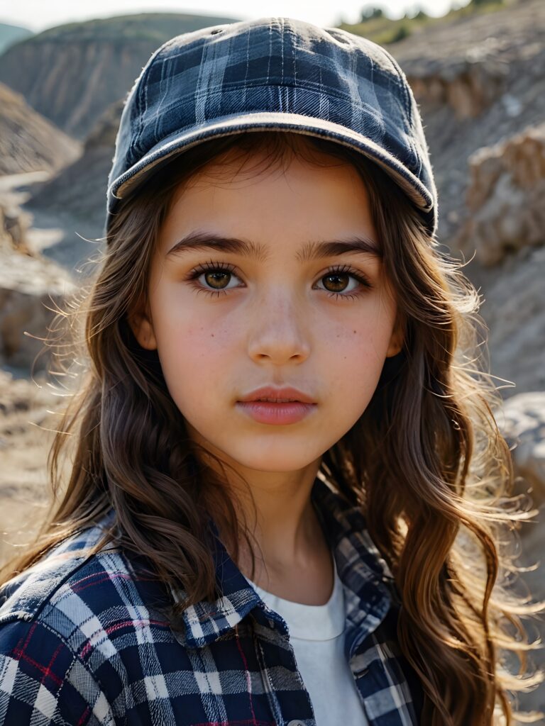 a small, young girl in a plaid shirt. She has long, wavy hair and dark eyes. She is wearing a cap. The picture is very detailed. Full lips and an angelic face. A quarry can be seen in the background.