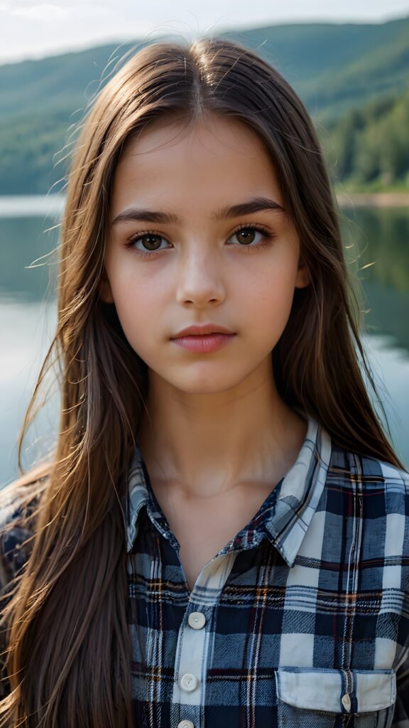 a small, young girl in a plaid shirt. She has long, straight hair and dark eyes. The picture is very detailed. Full lips and an angelic face. A lake can be seen in the background.