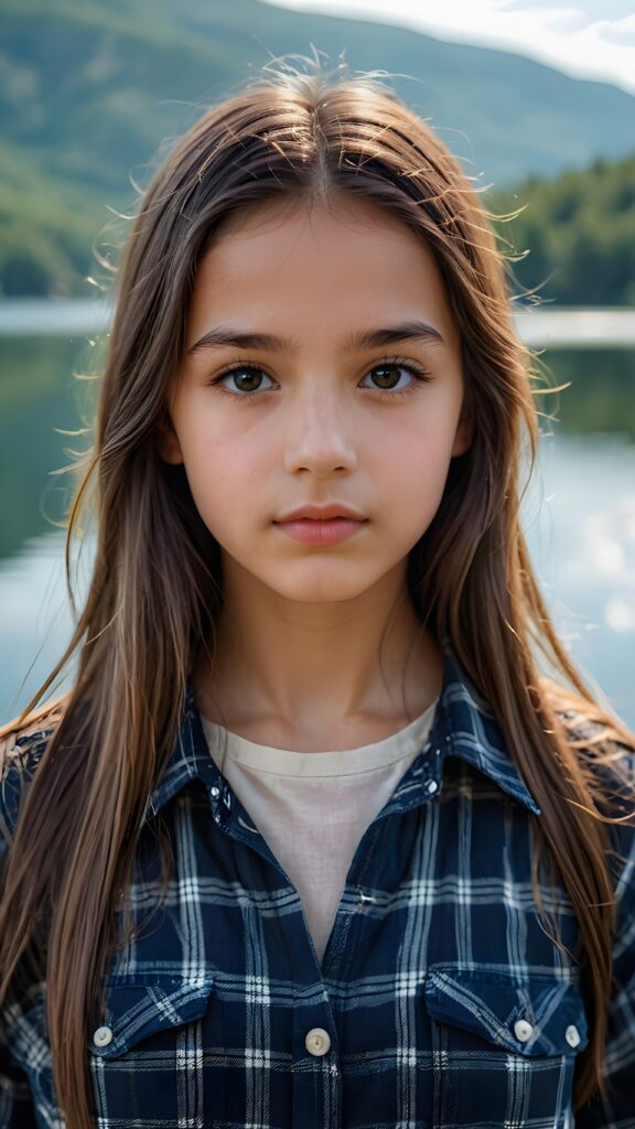 a small, young girl in a plaid shirt. She has long, straight hair and dark eyes. The picture is very detailed. Full lips and an angelic face. A lake can be seen in the background.