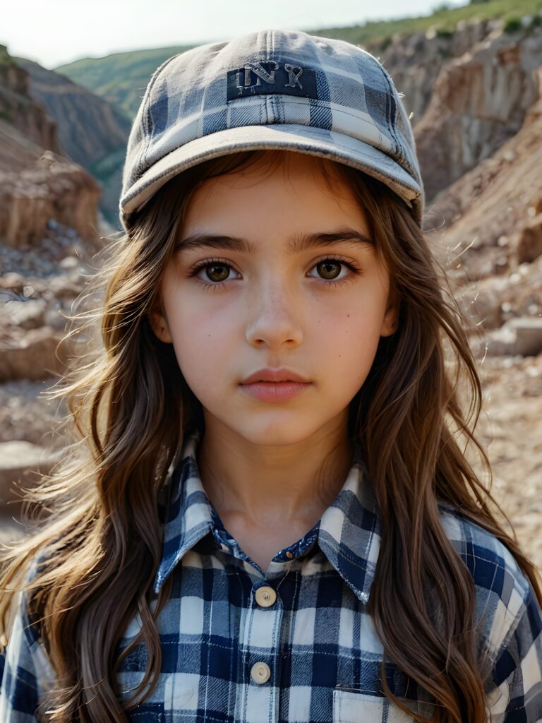 a small, young girl in a plaid shirt. She has long, wavy hair and dark eyes. She is wearing a cap. The picture is very detailed. Full lips and an angelic face. A quarry can be seen in the background.