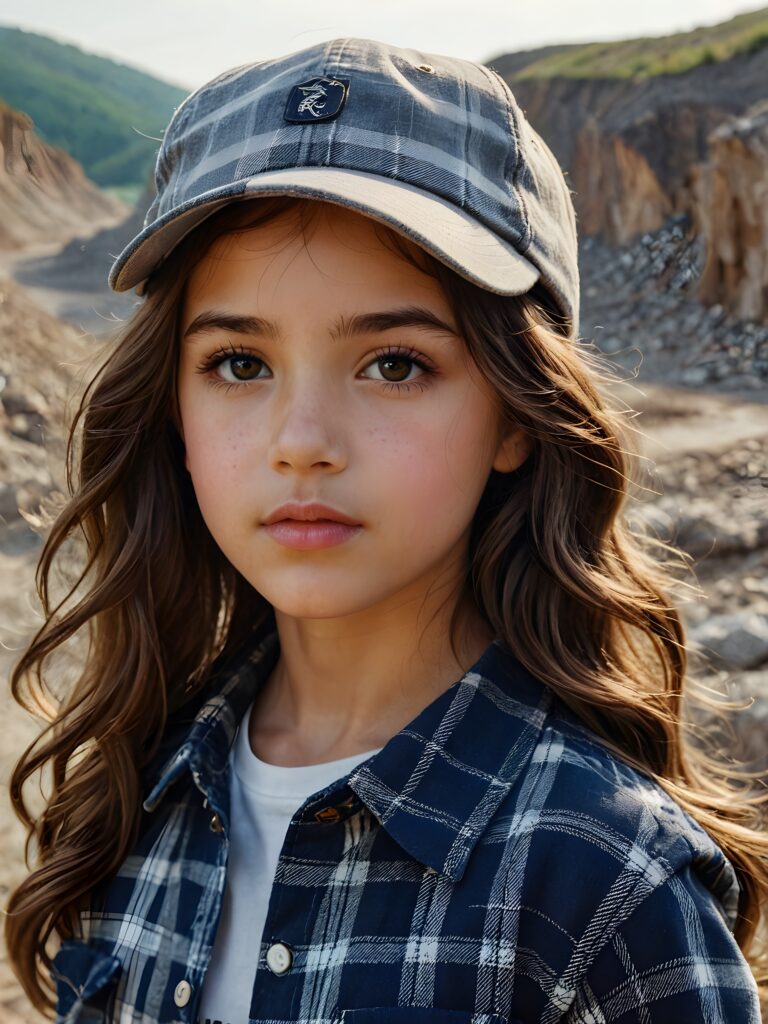 a small, young girl in a plaid shirt. She has long, wavy hair and dark eyes. She is wearing a cap. The picture is very detailed. Full lips and an angelic face. A quarry can be seen in the background.