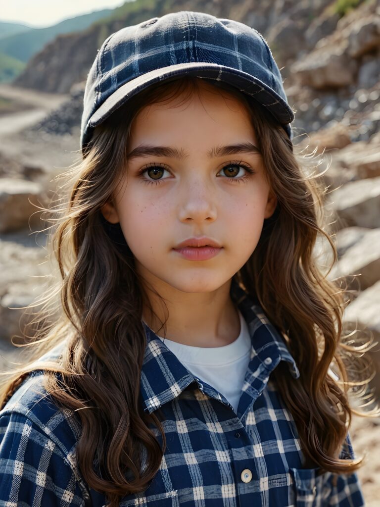 a small, young girl in a plaid shirt. She has long, wavy hair and dark eyes. She is wearing a cap. The picture is very detailed. Full lips and an angelic face. A quarry can be seen in the background.