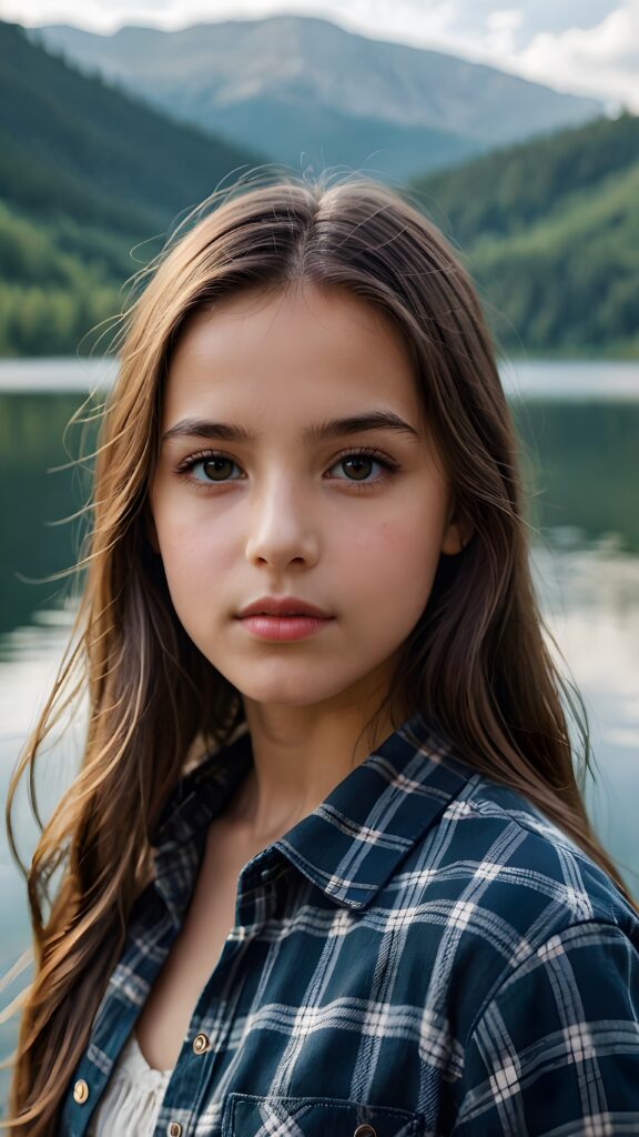 a small, young girl in a plaid shirt. She has long, straight hair and dark eyes. The picture is very detailed. Full lips and an angelic face. A lake can be seen in the background.