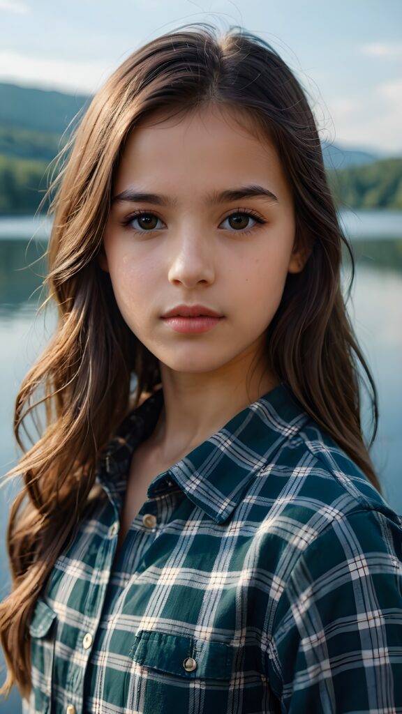 a small, young girl in a plaid shirt. She has long, straight hair and dark eyes. The picture is very detailed. Full lips and an angelic face. A lake can be seen in the background.