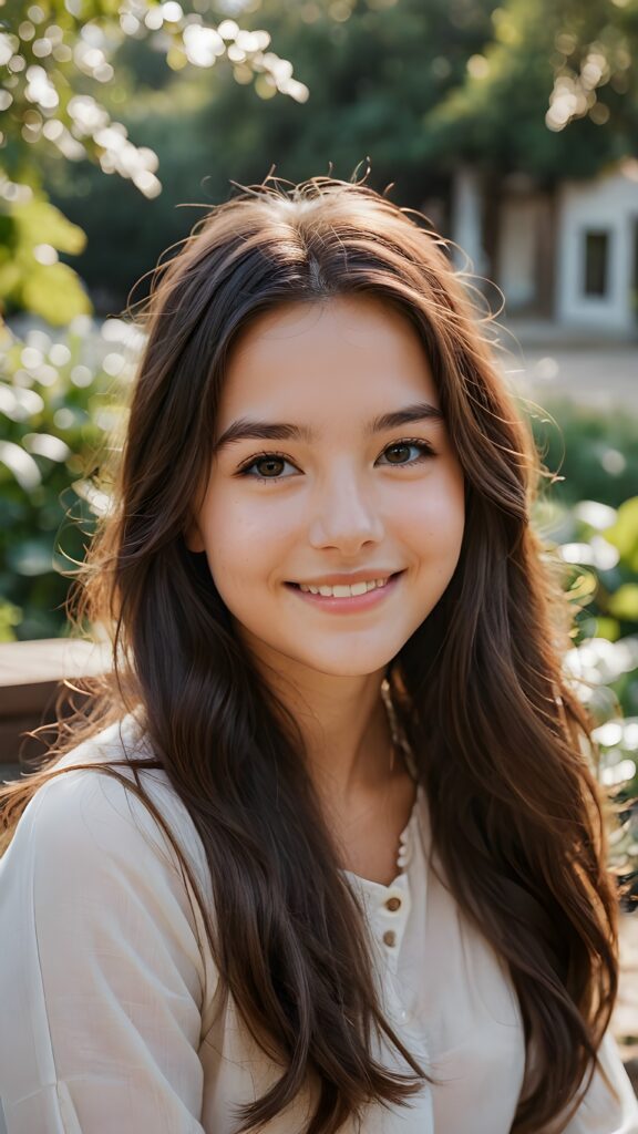 a smiling young girl with very long hair in a lovely place thinking about a dear friend