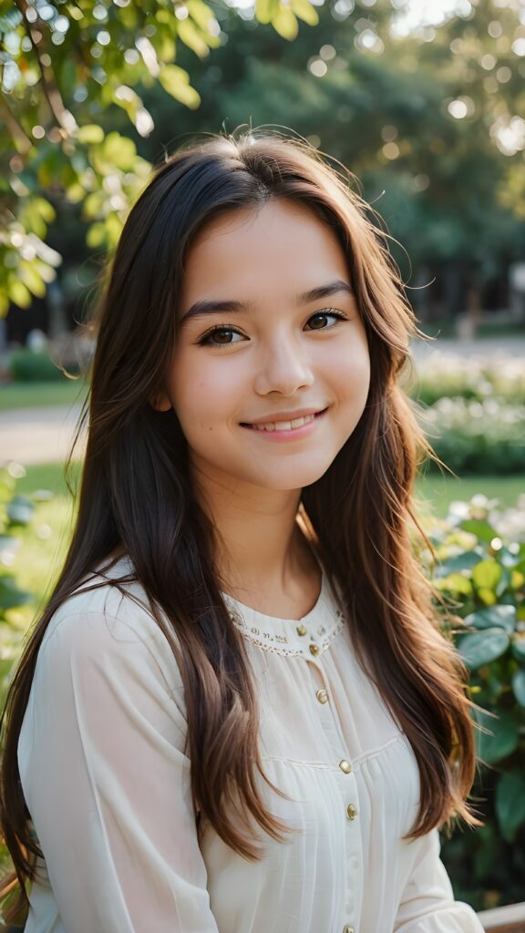 a smiling young girl with very long hair in a lovely place thinking about a dear friend