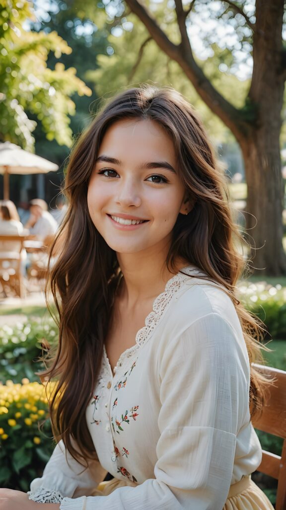 a smiling young girl with very long hair in a lovely place thinking about a dear friend