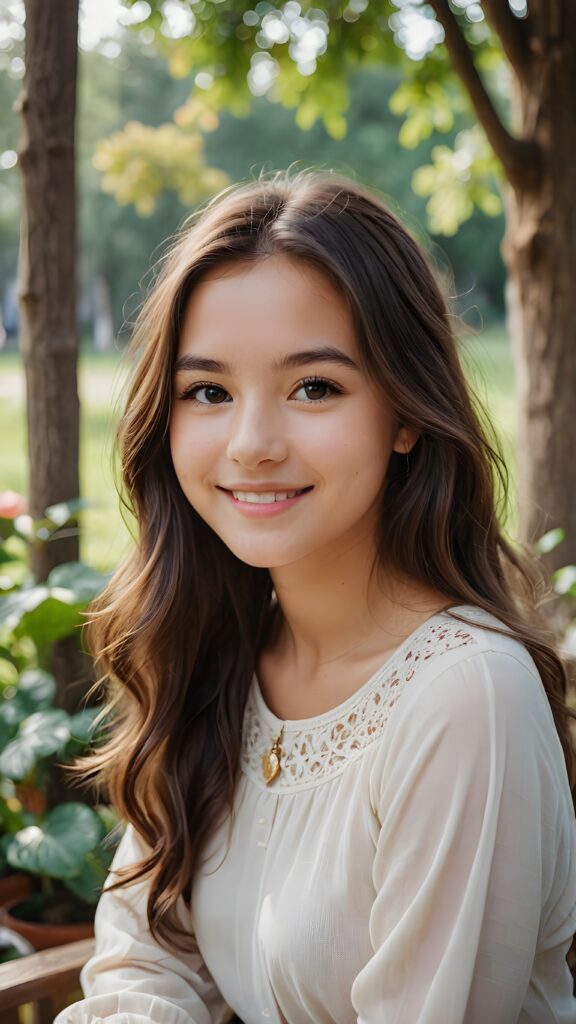 a smiling young girl with very long hair in a lovely place thinking about a dear friend