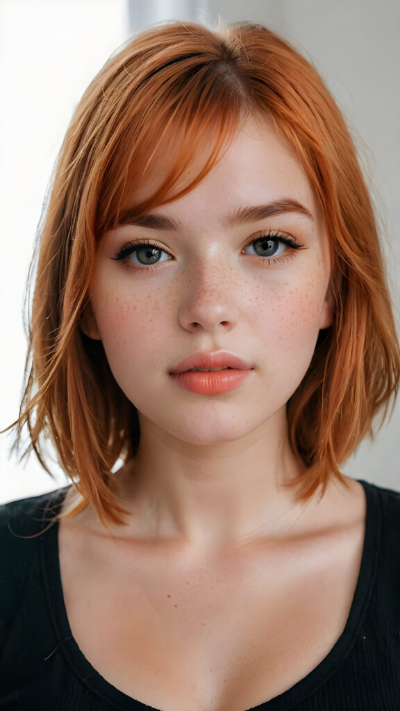 a (((softly beautiful young busty teen girl))), with skin that radiates a natural glow, freckles, and imperfections, followed by delicate (((full lips))), set against a backdrop of a (short, bangs-cut, straight soft long orange hair) and (an imperfect, yet radiant complexion), all framed by a (black, simple outfit) that complements her youthful innocence, against a (white, pure, simple background)