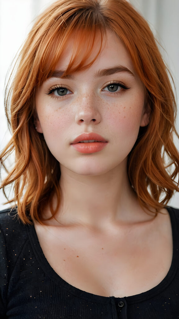 a (((softly beautiful young busty teen girl))), with skin that radiates a natural glow, freckles, and imperfections, followed by delicate (((full lips))), set against a backdrop of a (short, bangs-cut, straight soft long orange hair) and (an imperfect, yet radiant complexion), all framed by a (black, simple outfit) that complements her youthful innocence, against a (white, pure, simple background)