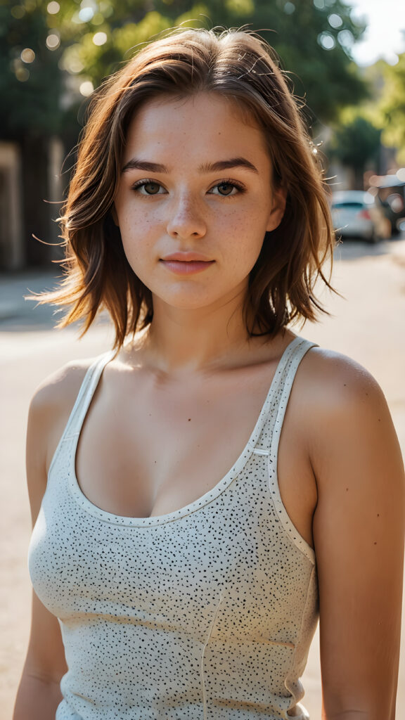 a (((softly beautiful young busty teen girl))), with skin that radiates a natural glow and intricate details like freckles and imperfections, dressed in a ((simple, warm-toned tank top)) that complements her complexion with a perfect curved body