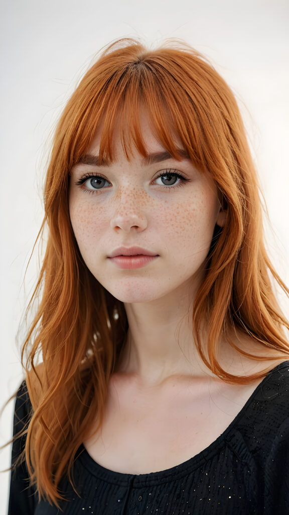 a (((softly beautiful young teen girl))), with skin that radiates a natural glow and intricate details like freckles and imperfections, ((straight soft orange hair in bangs cut)), dressed in a ((simple black outfit)) that complements her complexion ((white background))