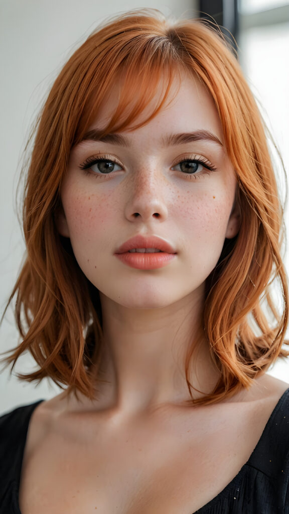 a (((softly beautiful young busty teen girl))), with skin that radiates a natural glow, freckles, and imperfections, followed by delicate (((full lips))), set against a backdrop of a (short, bangs-cut, straight soft long orange hair) and (an imperfect, yet radiant complexion), all framed by a (black, simple outfit) that complements her youthful innocence, against a (white, pure, simple background)