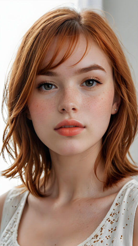 a (((softly beautiful young busty teen girl))), with skin that radiates a natural glow, freckles, and imperfections, followed by delicate (((full lips))), set against a backdrop of a (short, bangs-cut, straight soft long orange hair) and (an imperfect, yet radiant complexion), all framed by a (black, simple outfit) that complements her youthful innocence, against a (white, pure, simple background)