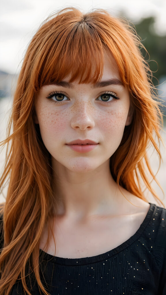 a (((softly beautiful young teen girl))), with skin that radiates a natural glow and intricate details like freckles and imperfections, ((straight soft orange hair in bangs cut)), dressed in a ((simple black outfit)) that complements her complexion ((white background))