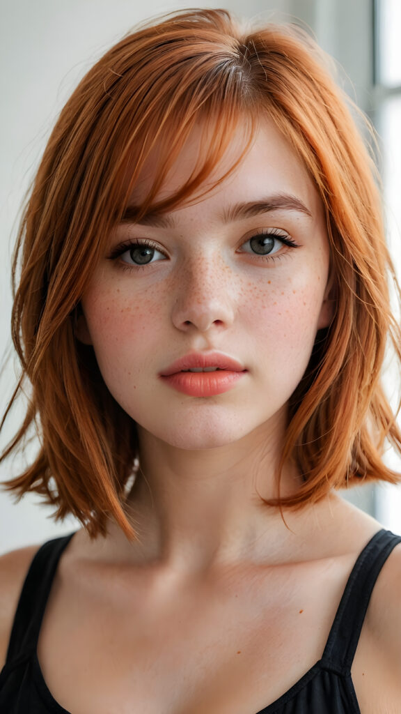 a (((softly beautiful young busty teen girl))), with skin that radiates a natural glow, freckles, and imperfections, followed by delicate (((full lips))), set against a backdrop of a (short, bangs-cut, straight soft long orange hair) and (an imperfect, yet radiant complexion), all framed by a (black, simple outfit) that complements her youthful innocence, against a (white, pure, simple background)