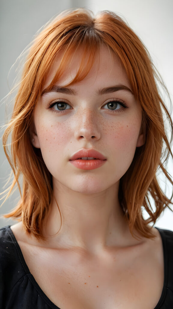 a (((softly beautiful young busty teen girl))), with skin that radiates a natural glow, freckles, and imperfections, followed by delicate (((full lips))), set against a backdrop of a (short, bangs-cut, straight soft long orange hair) and (an imperfect, yet radiant complexion), all framed by a (black, simple outfit) that complements her youthful innocence, against a (white, pure, simple background)