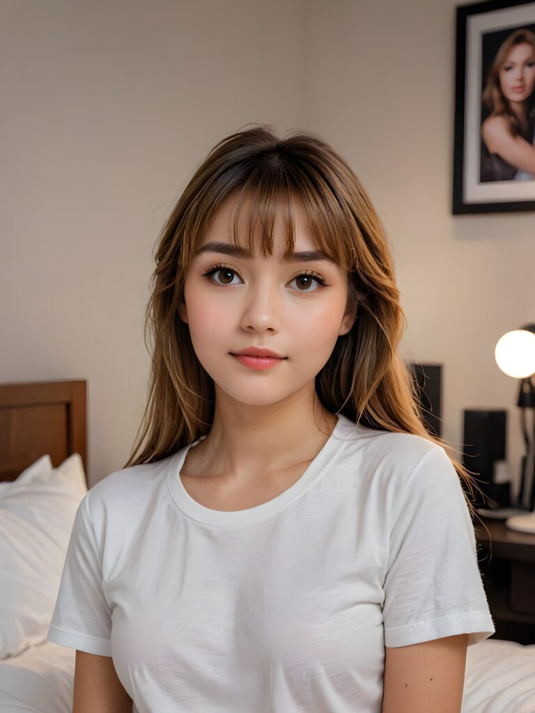 a (((softly hazel-toned straight hairstyle))), with striking highlights and intricate details, complementing a (((vividly stunning young woman))) posing as a (((professional night photographer))) caught in a cozy slumber, her (15-year-old self) with delicate bangs and a realistically detailed shaped face, wearing a minimalist yet luxurious (short-sleeved white cotton tee) against a (subtle, ambient city backdrop)