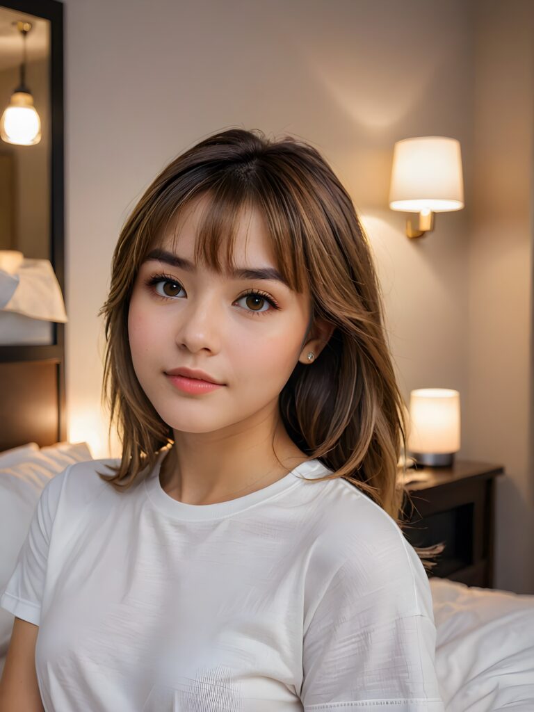 a (((softly hazel-toned straight hairstyle))), with striking highlights and intricate details, complementing a (((vividly stunning young woman))) posing as a (((professional night photographer))) caught in a cozy slumber, her (15-year-old self) with delicate bangs and a realistically detailed shaped face, wearing a minimalist yet luxurious (short-sleeved white cotton tee) against a (subtle, ambient city backdrop)