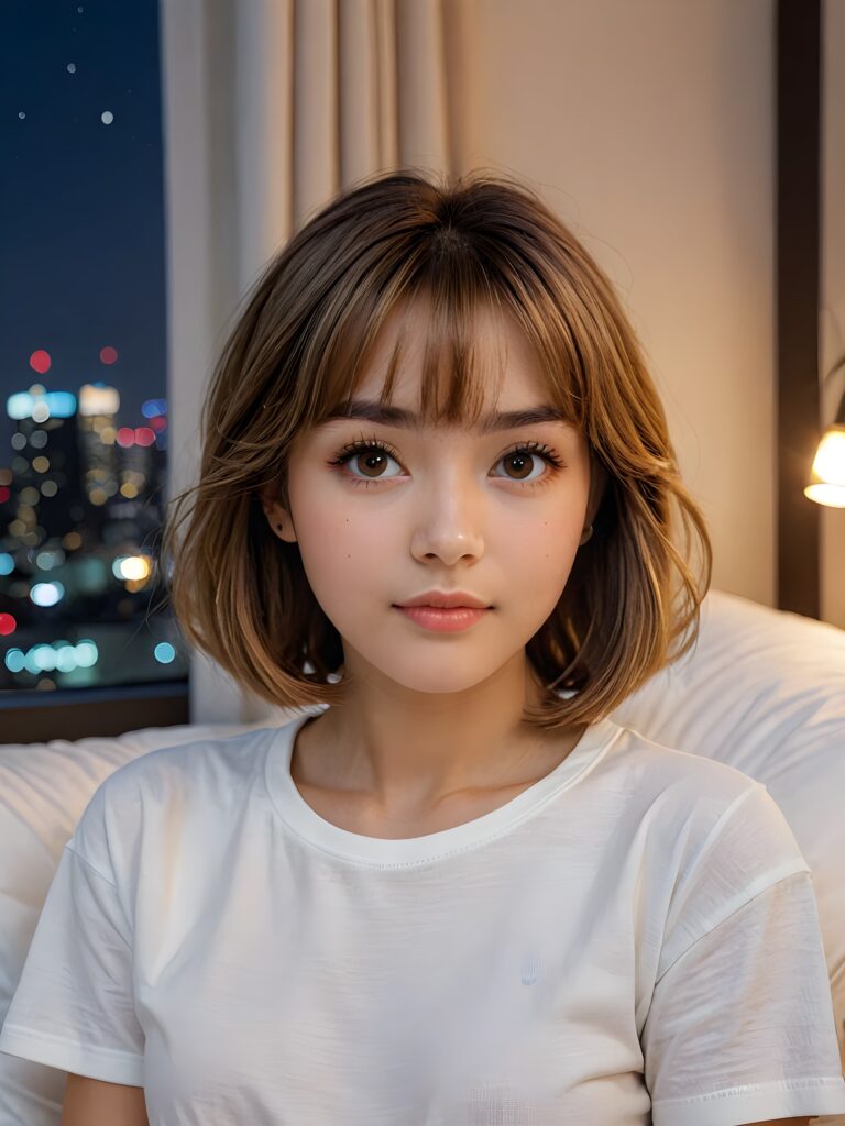 a (((softly hazel-toned straight hairstyle))), with striking highlights and intricate details, complementing a (((vividly stunning young woman))) posing as a (((professional night photographer))) caught in a cozy slumber, her (15-year-old self) with delicate bangs and a realistically detailed shaped face, wearing a minimalist yet luxurious (short-sleeved white cotton tee) against a (subtle, ambient city backdrop)