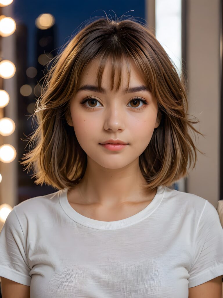 a (((softly hazel-toned straight hairstyle))), with striking highlights and intricate details, complementing a (((vividly stunning young woman))) posing as a (((professional night photographer))) caught in a cozy slumber, her (15-year-old self) with delicate bangs and a realistically detailed shaped face, wearing a minimalist yet luxurious (short-sleeved white cotton tee) against a (subtle, ambient city backdrop)