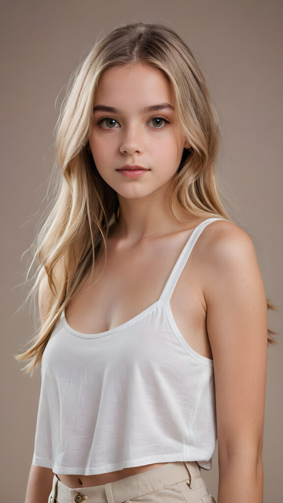 a sophisticated (((intimately posing young teen girl))) with flowing, extremely long straight blond hair, beautiful big (hazelnut eyes), full lips, ((empty backdrop, full body)), white short crop tank top, short pants