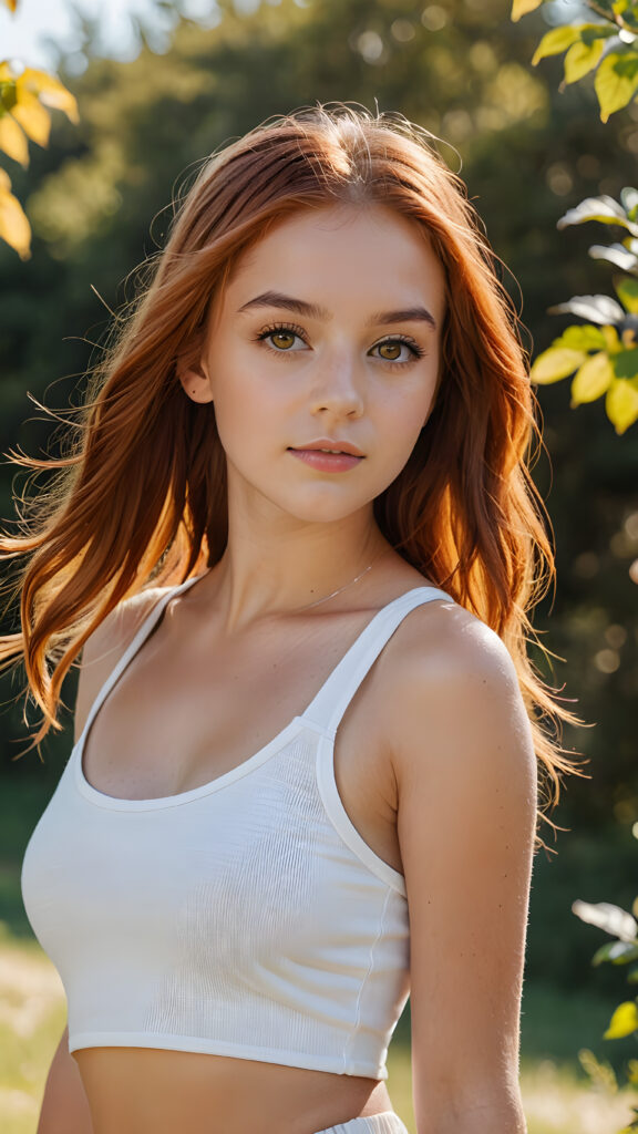 a sophisticated (((intimately posing young teen girl with perfect fit body))) with flowing, soft long straight red hair, beautiful big (amber eyes), super short white crop sport tank top, ((natural sunny backdrop))