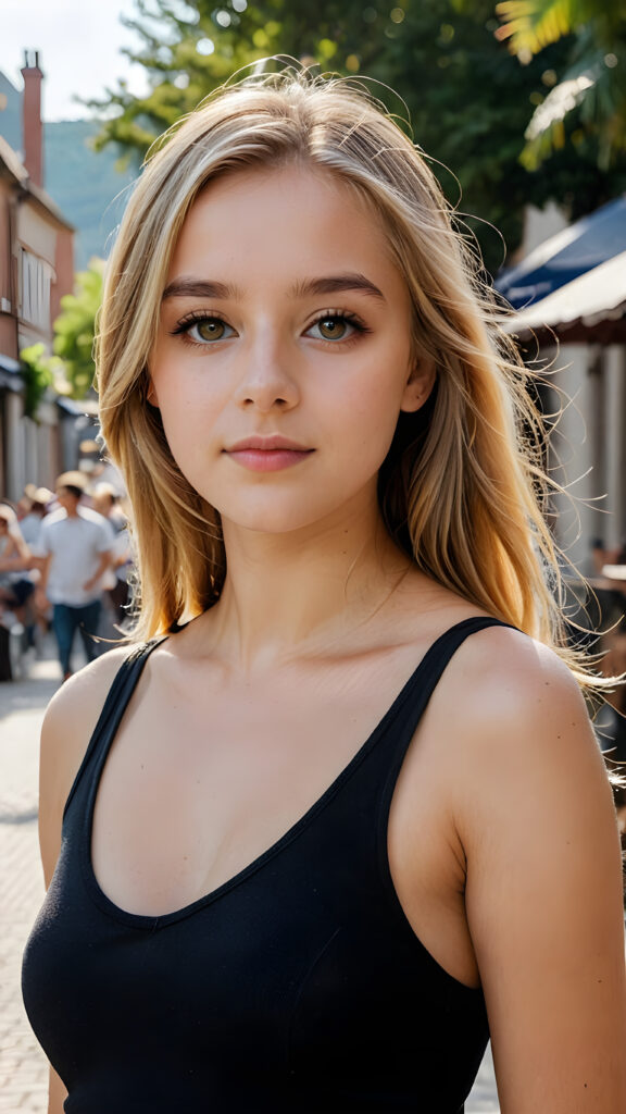 a sophisticated (((intimately posing young teen girl))) with flowing, extremely long straight blond hair, beautiful big (hazelnut eyes), dangerously short elegant black tank top