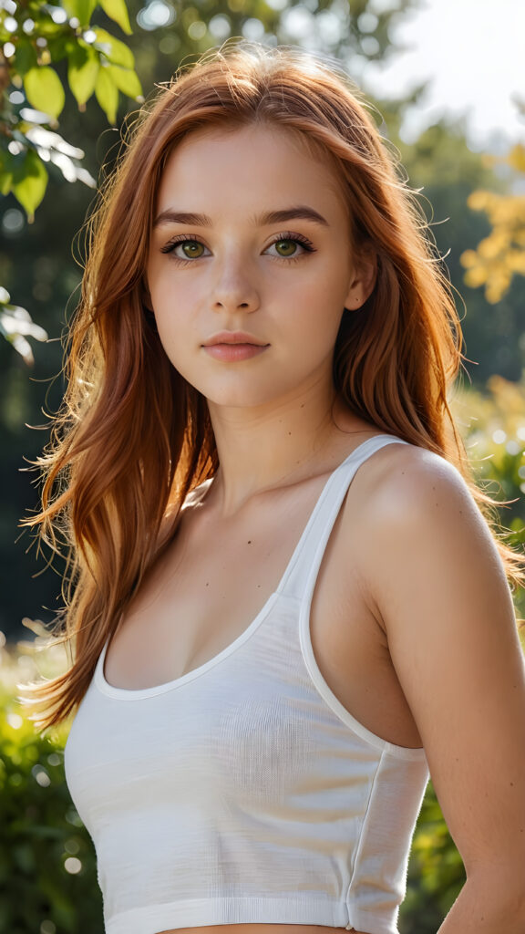 a sophisticated (((intimately posing young teen girl with perfect fit body))) with flowing, soft long straight red hair, beautiful big (amber eyes), super short white crop sport tank top, ((natural sunny backdrop))