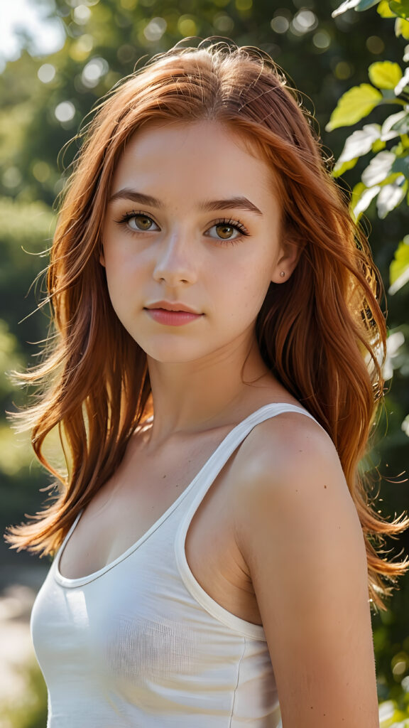 a sophisticated (((intimately posing young teen girl with perfect fit body))) with flowing, soft long straight red hair, beautiful big (amber eyes), super short white crop sport tank top, ((natural sunny backdrop))