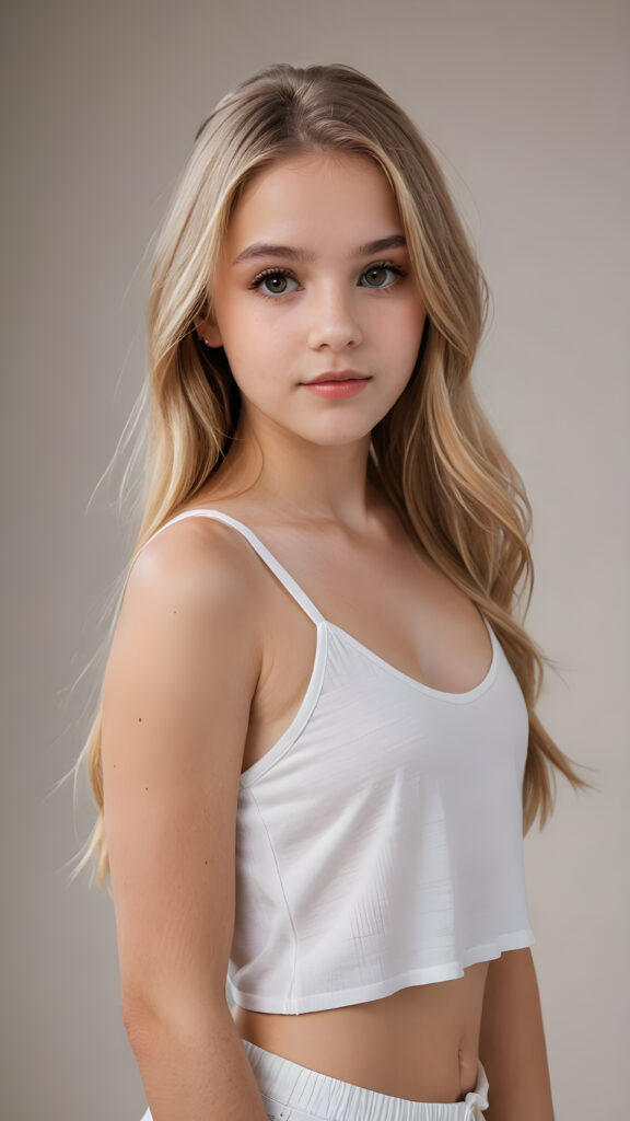 a sophisticated (((intimately posing young teen girl))) with flowing, extremely long straight blond hair, beautiful big (hazelnut eyes), full lips, ((empty backdrop, full body)), white short crop tank top, short pants