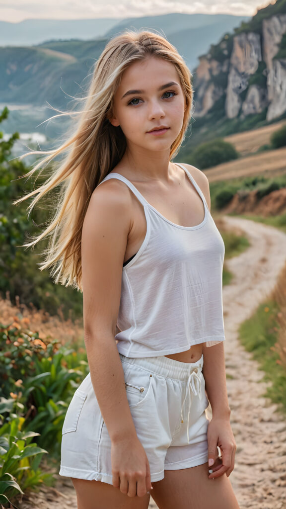 a sophisticated (((intimately posing young teen girl))) with flowing, extremely long straight blond hair, beautiful big (hazelnut eyes), full lips, ((full body)), white short crop tank top, short pants ((fogy landscape in backdrop))