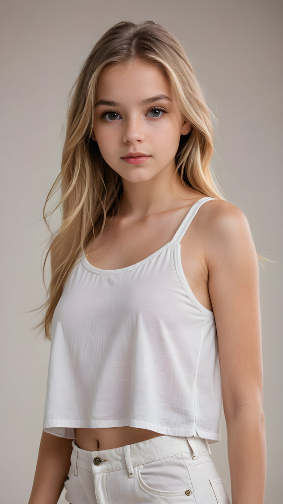 a sophisticated (((intimately posing young teen girl))) with flowing, extremely long straight blond hair, beautiful big (hazelnut eyes), full lips, ((empty backdrop, full body)), white short crop tank top, short pants