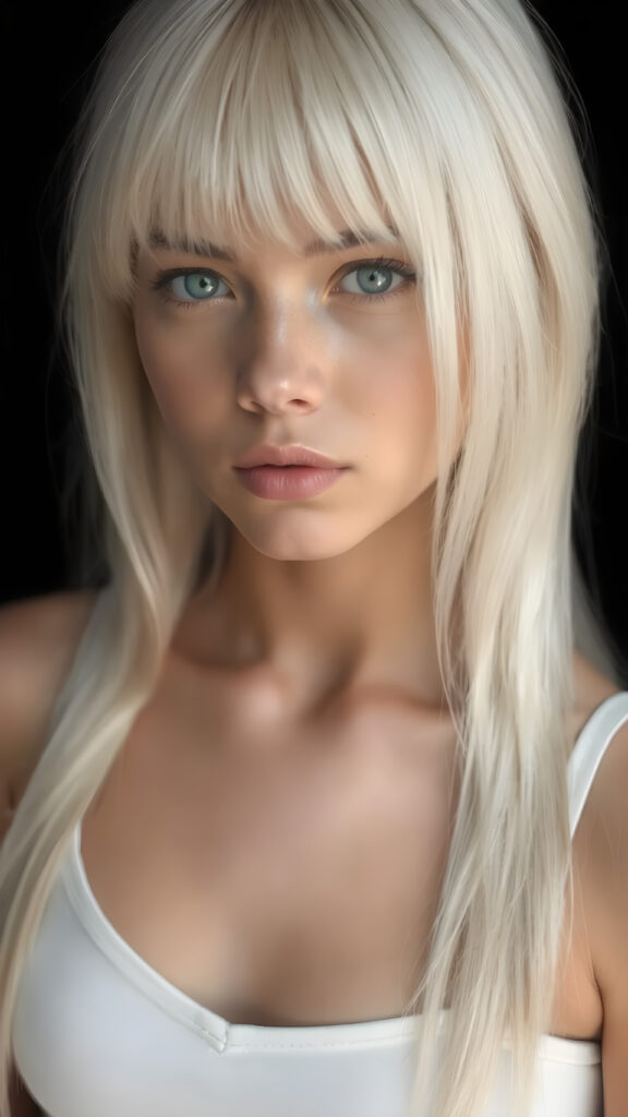 a stunning and gorgeous girl, with straight soft long white hair, bangs, with naturally soft and slightly tanned skin, her lips are full and devoid of pigmentation, she has light blue eyes and a round angelic face. she is wearing a tight short thin v-neck white tank top. The background is black. She exudes stunning beauty, in a fashion sense, photo-realistic, 4k, high quality and detailed details in her features and surroundings. full body view ((upper body inclusive, 1:3)), showcasing her beautiful and natural looking skin and perfectly straight hair, in a classic portrait position, with a warm and soft light effect