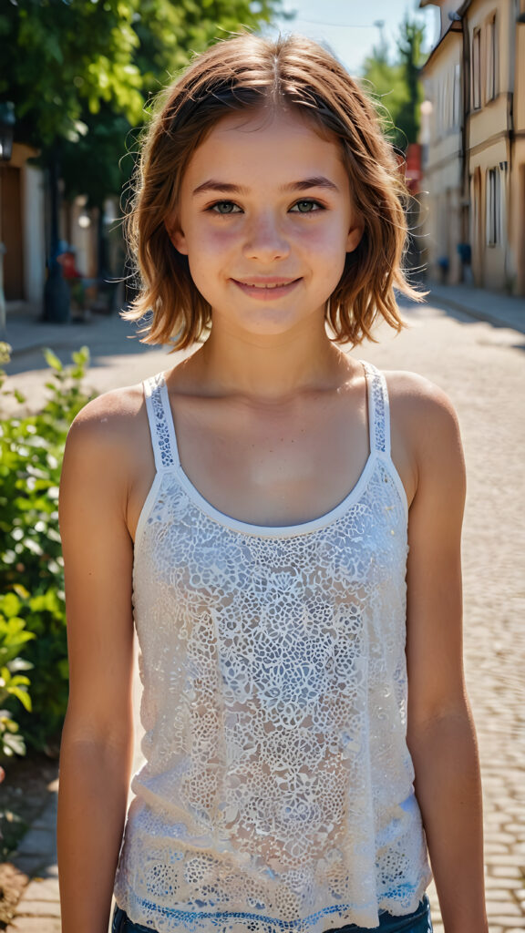 a stunning and gorgeous little teen girl, detailed and realistic full portrait, stand in front of viewer at a sunny day, smile, she wears a light summer tank top, super realistic and round face