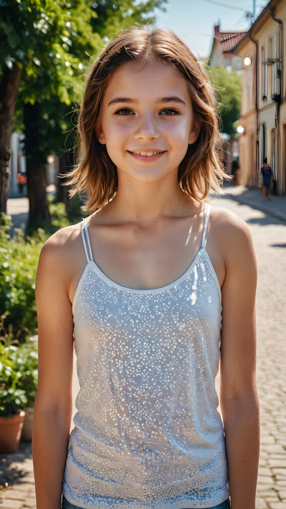 a stunning and gorgeous little teen girl, detailed and realistic full portrait, stand in front of viewer at a sunny day, smile, she wears a light summer tank top, super realistic and round face