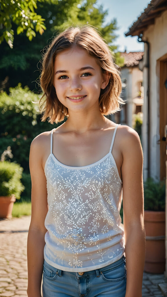 a stunning and gorgeous little teen girl, detailed and realistic full portrait, stand in front of viewer at a sunny day, smile, she wears a light summer tank top, super realistic and round face