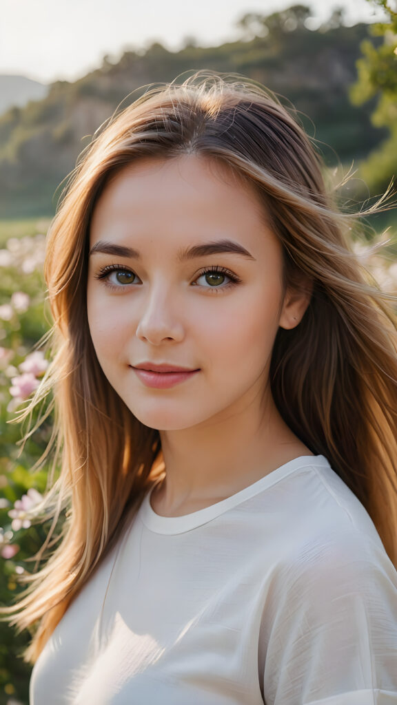 a stunning and gorgeous young girl with soft, long straight jet gold hair, captured in a perfect portrait style. She wears a simple white t-shirt that contrasts beautifully with her radiant features. The background is a dreamy, blurred landscape bathed in soft pastel colors, reminiscent of an impressionist painting. The lighting is warm and ethereal, highlighting her expressive eyes and gentle smile, evoking a sense of serenity and grace.