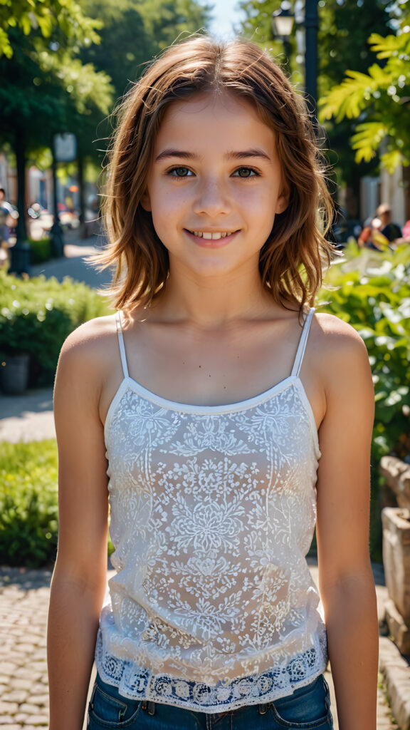 a stunning and gorgeous little teen girl, detailed and realistic full portrait, stand in front of viewer at a sunny day, smile, she wears a light summer tank top, super realistic and round face