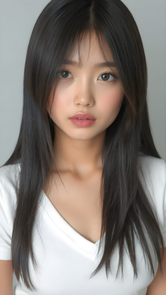 a stunning and gorgeous teen girl, ((she is merged between Exotic and Asian)) with straight soft long obsidian black hair, with naturally soft and slightly tanned skin, her lips are full and devoid of pigmentation, wearing a tight short thin v-neck white t-shirt. The background is a simple grey and white (plain and sleek) one for a perfect, classic and modern look. She exudes stunning beauty, in a fashion sense, photo-realistic, 4k, high quality and detailed details in her features and surroundings, showcasing her beautiful and natural looking skin and perfectly straight hair, in a classic portrait position, with a warm and soft light effect, ((close up portrait))