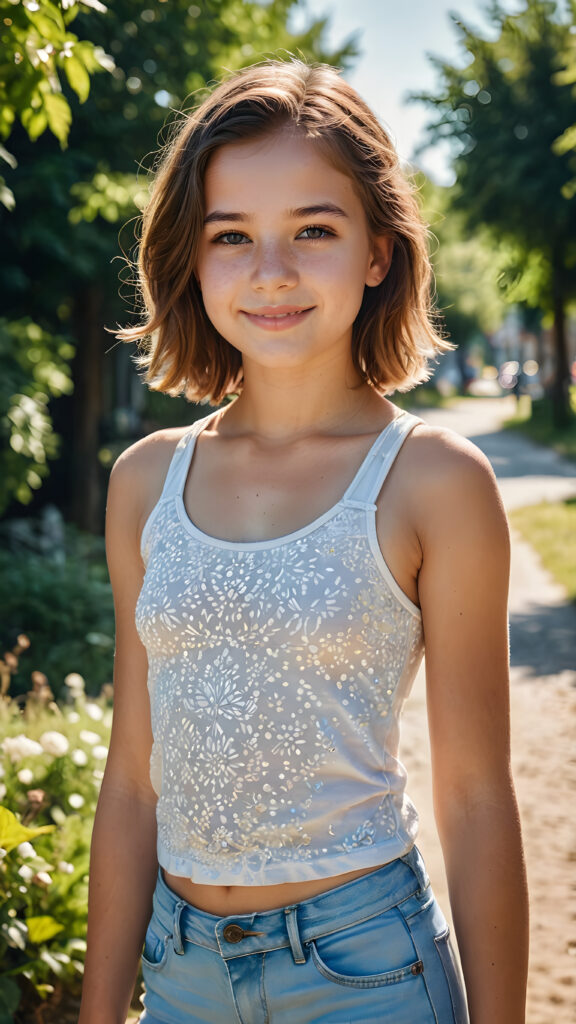 a stunning and gorgeous little teen girl, detailed and realistic full portrait, stand in front of viewer at a sunny day, smile, she wears a light summer tank top, super realistic and round face