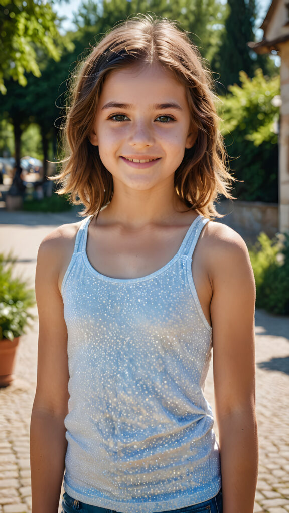 a stunning and gorgeous little teen girl, detailed and realistic full portrait, stand in front of viewer at a sunny day, smile, she wears a light summer tank top, super realistic and round face