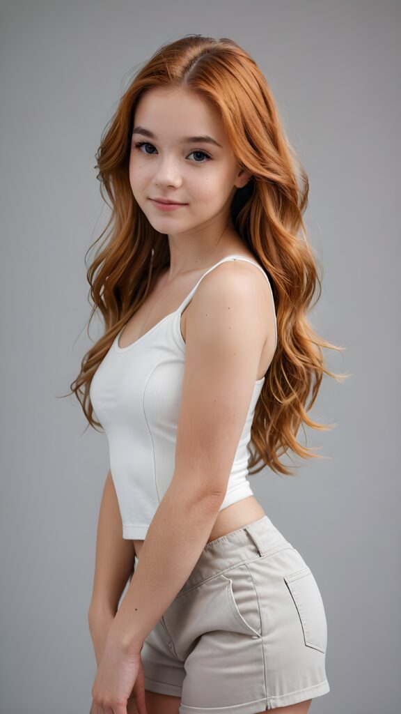 a stunning photo from (((a cute teen girl))), with luxurious, amber hair and a sleek, muscular figure, lightly dressed in white, ((grey background))